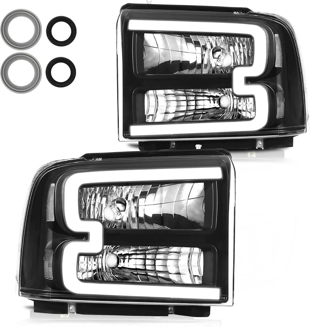 Halogen Headlight Assembly Led Day Running Light Compatible with 2005-2007 2005 2006 2007 05 06 07 Ford F250 F350 F450 F550 Super Duty/05 Ford Excursion (Black Housing Clear Reflector)