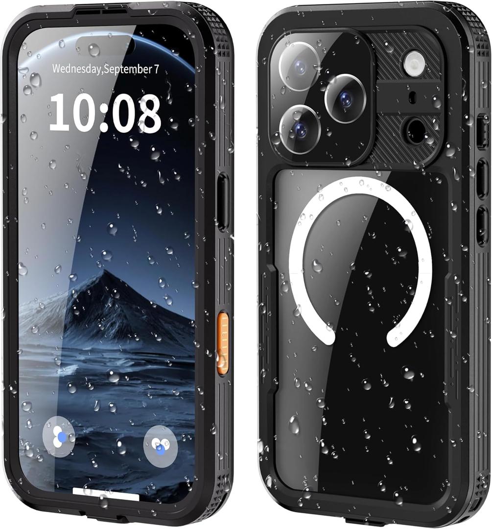 YOGRE for iPhone 17 Pro Case Waterproof, Built-in Screen Protector Protector Cover Compatible with MagSafe[Full Body Shockproof][IP68 Waterproof][Dustproof]for iPhone 17 Pro Case 6.3 inch Black/Clear
