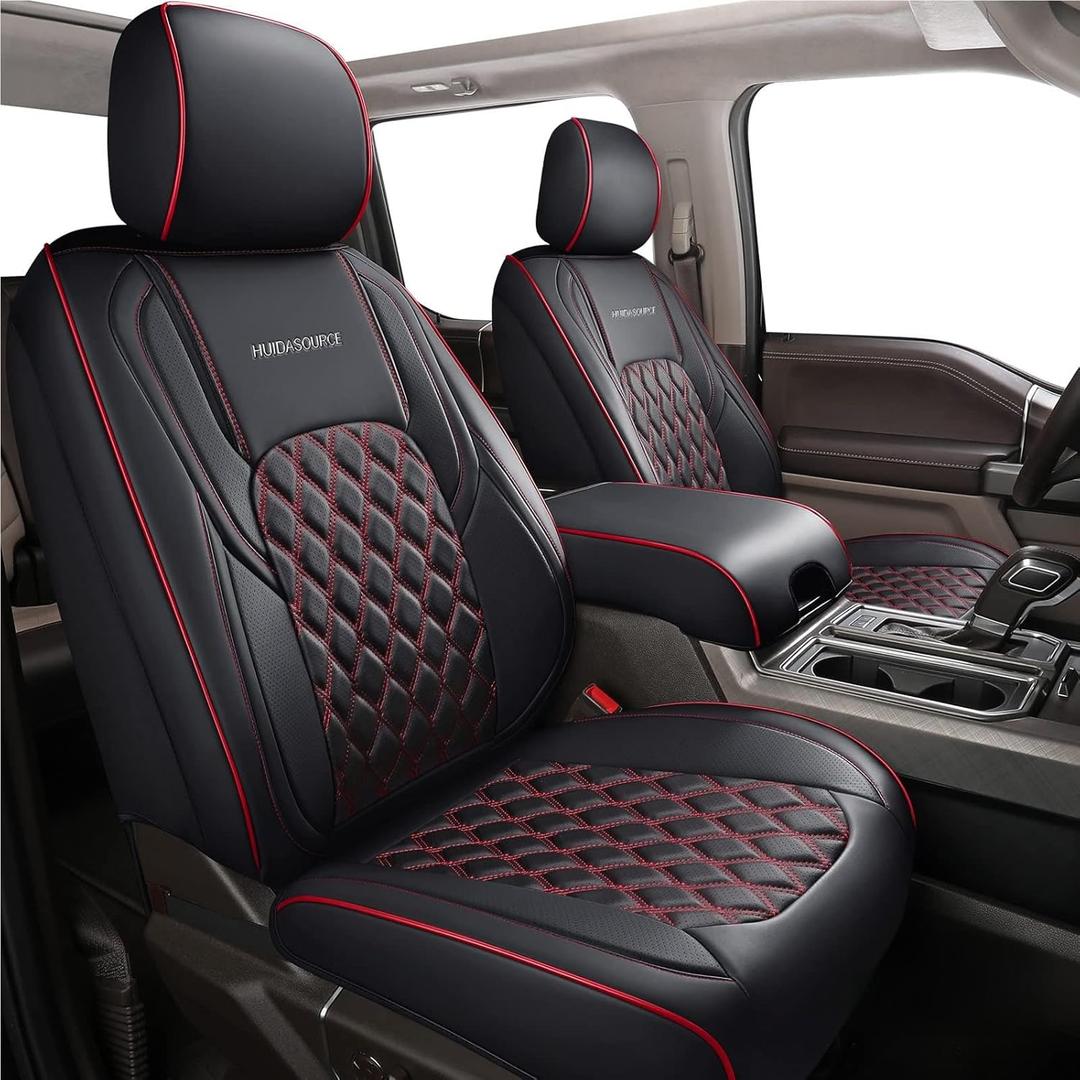 Huidasource Dodge Ram Seat Covers, Front & Rear Pickup Truck Leather Seat Cover Fit for 2009-2018 1500, 2010-2025 2500/3500 Crew Mega Cab, 2019-2025 ram 1500 Classic only(Full Set/Black&Red)