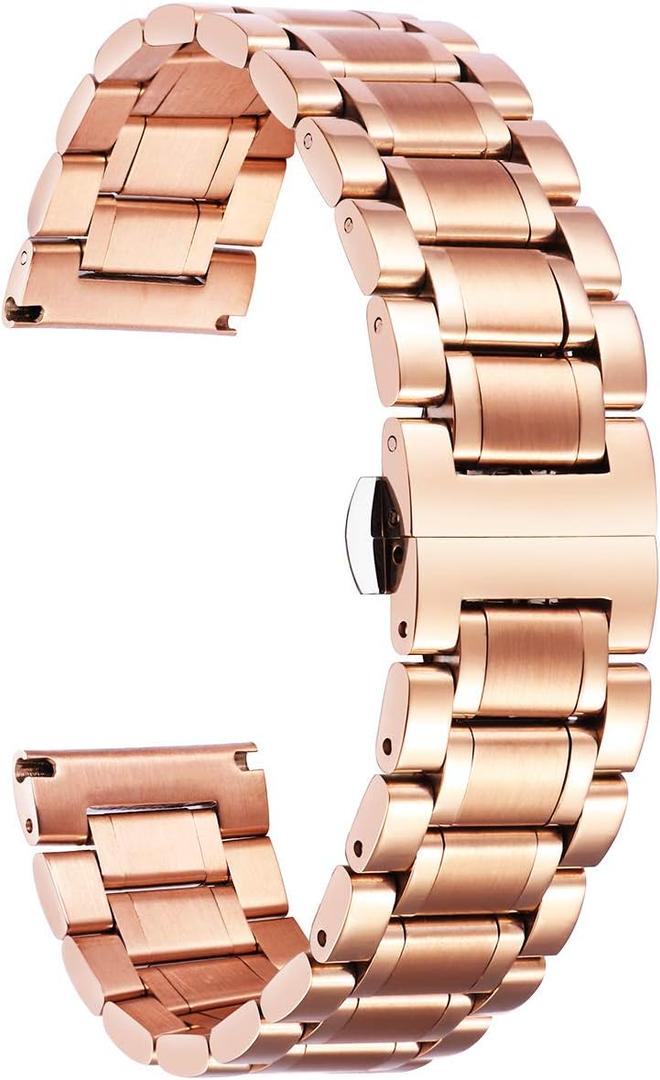 BINLUN Stainless Steel Watch Band 12mm 14mm 16mm 18mm 19mm 20mm 21mm 22mm 24mm Adjustable Metal Link Watch Bracelet with Straight & Curved Ends for Business Daily Wear Men & Women (Rose-Gold)