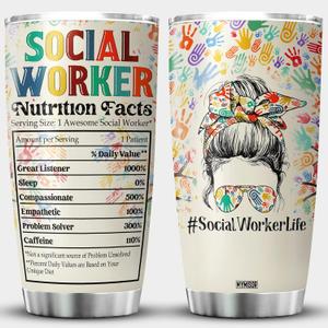 Social Worker Nutrition Fact Tumbler Mug 20oz Appreciation Graduation Gifts For BSW DSW Colorful Social Tree Messy Bun Hair MSW LCSW Gift For Women Caregiver Insulated Cup