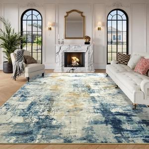 9x12 Blue Washable Area Rug for Living Room Bedroom Neutral Carpet