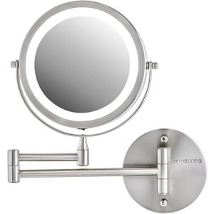 OVENTE Wall Mounted Lighted Makeup Mirror, 7" Double Sided 1X/7X Magnifying Vanity Mirror for Bathroom with LED Lights, Cordless, 360 Rotation and 13" Extendable Arm, Nickel Brushed MFW70BR1X7X