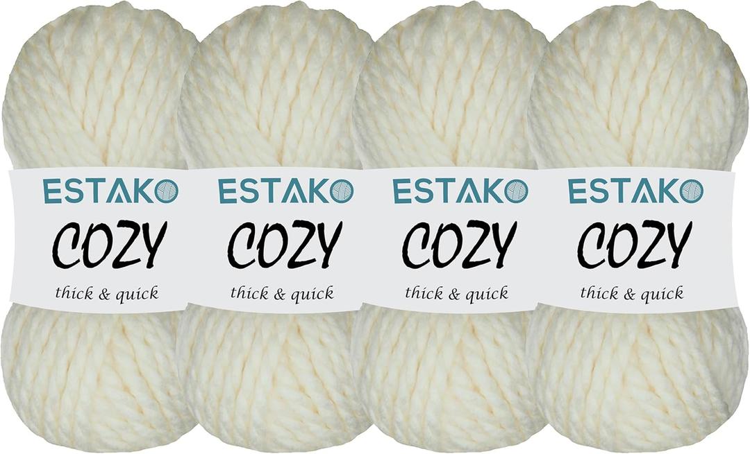 Estako Cozy Thick & Quick Yarn (4 Skeins Pack) 20% Wool 80% Acrylic Soft Super Bulky Weight #6 Knitting and Crocheting Yarn (4 x 3.52 Oz) / (4 x 65 Yrds) (50299-Cream)