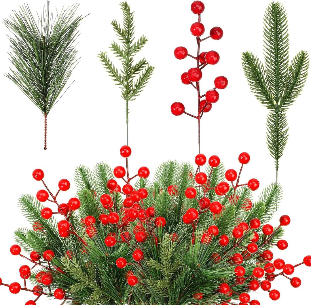 Jexine 100 Pcs Christmas Artificial Pine Needles Branches and Red Berry Stems Fake Greenery Pine Picks Christmas Red Berry Picks Holly Berries Xmas Fake Tree Branches for DIY Garland Wreath
