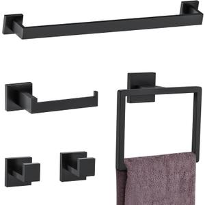 5 Pieces Towel Bar Set Matte Black Bathroom Hardware Accessories Set Include Towel Rack TP Holder Towel Ring Coat Hooks Stainless Steel Wall Mounted Towel Holder Set for Bathroom,23.6 in