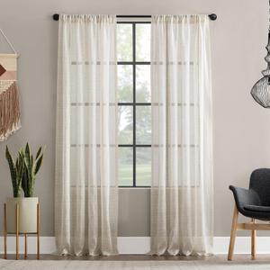 Clean Window Textured Slub Stripe Anti-Dust Allergy/Pet Friendly Sheer Curtain Panel, Linen, 52" W x 84" L (1 Panel)