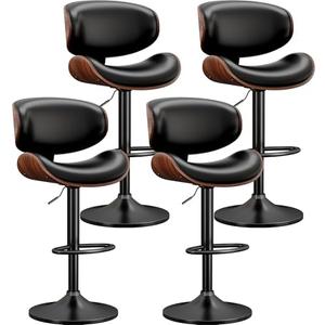 YaFiti Bar Stools Set of 4, Bentwood Adjustable Height Swivel Bar Stools, PU Leather Upholstered Bar Chair with Back and Footrest for Bar, Kitchen, Dining Room, Black
