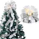 Large Christmas Tree Topper Bow 12.6 X 118 inch Lighted up Christmas Bow with 4 X 3 Yards Ribbon Streamers for Xmas Christmas Tree Decor(White Silver)