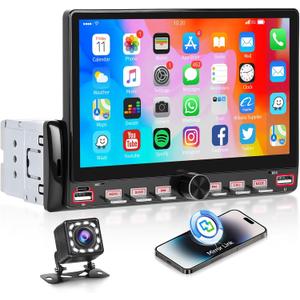Single Din Car Radio with Bluetooth iOS/Android Mirror Link Share Same Video, 7" IPS Touch Screen Car Radio 1 Din with Piano Keys Support Backup Camera Mirror Link Bluetooth FM USB EQ SWC