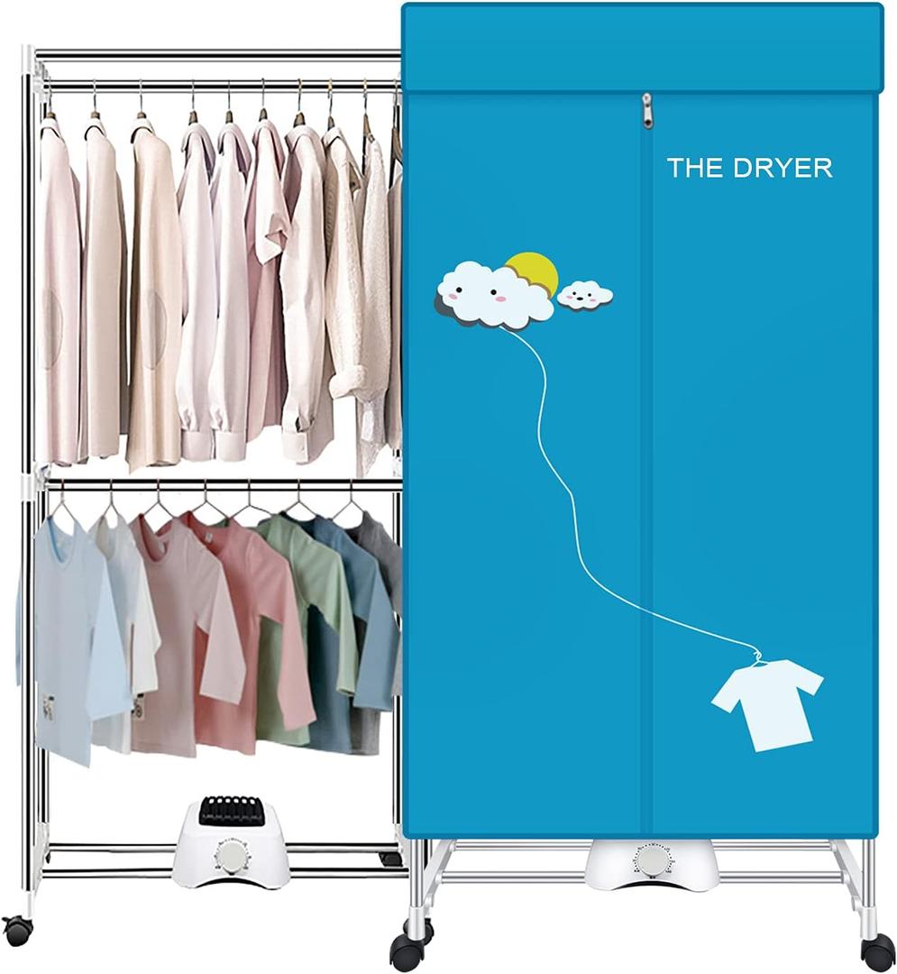 XIAQING Portable Dryer, 110V 1000W Electric Clothes Dryer Machine, Double Layer Stackable, Stainless Steel, Blue, 15kg Capacity, Front Load, Ideal for Apartments, RV, Families, Campers