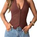 Women's Halter Top V Neck Sleeveless Backless Going Out Summer Tank Tops Solid Brown S
