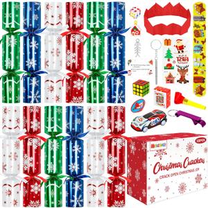 Melisheer Christmas Crackers, 12 Pack No Snap Christmas Party Favors with Snowflake Design, Xmas Poppers with Crown and Joke, Perfect for Christmas Gifts Xmas Table Holiday Party Supplies