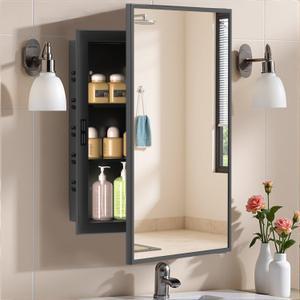 NLShan Medicine Cabinet Mirror for Bathroom: Recessed Vanity Bathroom Cabinet with Mirror Door - Black Metal Framed and Wall Mounted Design with Adjustable Shelves for Bathroom Storage - 16x24 inch