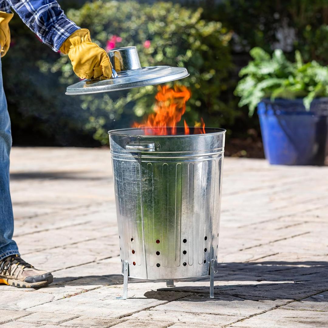 Evergreen Garden Incinerator Burn Barrel with Lid, Yard Waste Incinerator, Galvanized Steel Burn Cage Incinerator for Paper Leaf Trash Wood Backyard Bonfire, Outdoor Use Only