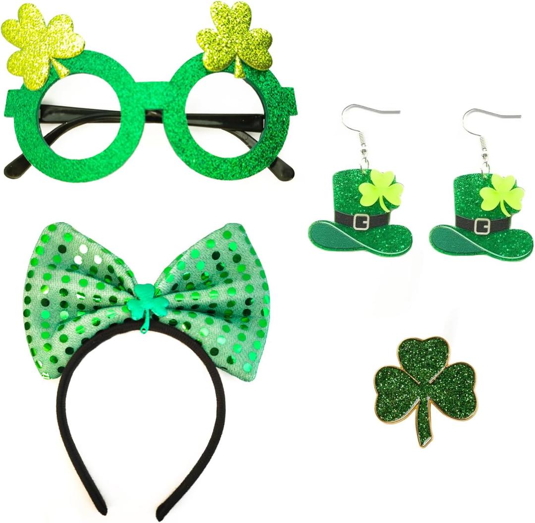 4 x 4Pcs St. Patrick's Day Costume Set Shamrock Themed Headband, Glasses, Earrings, Pin, Irish Green Festival Themed Party Women Costume Accessories