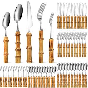 Eboot Bamboo Silverware Set 18/8 Stainless Steel Tableware Set Natural Utensil Flatware Kit Spoon Fork Knives Bamboo Handle Cutlery for Kitchen Wedding Home Restaurant Party(Silver,60 Pieces)