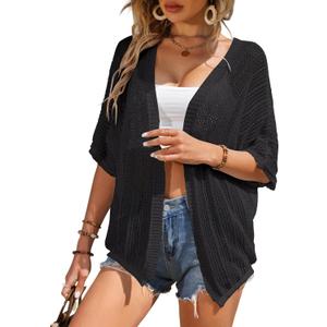 Women Crochet Cardigan Lightweight Thin Short Sleeve Casual Open Front Cardigan Cover (Black, S)