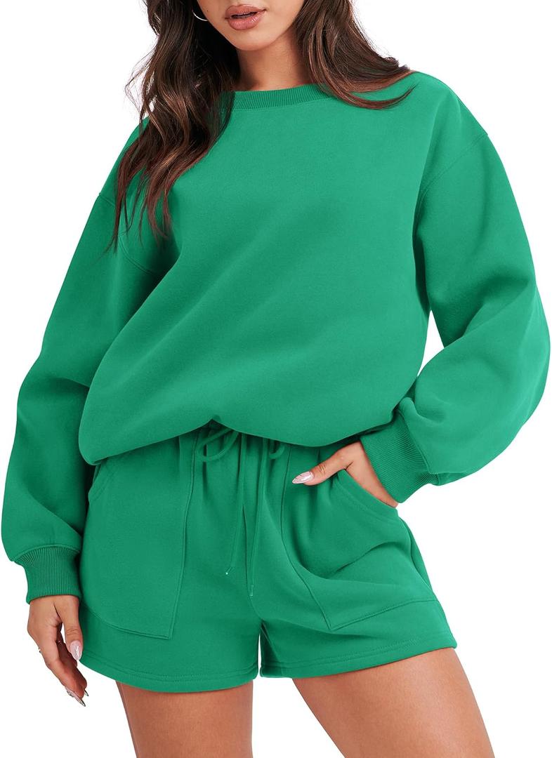 ANRABESS Women 2 Piece Outfits Sweat Shorts Sets 2026 Oversized Casual Lounge Matching Set Sweatsuit Tracksuit Fall Clothes (Medium, Green)