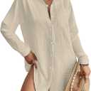 Bsubseach Swimsuit Coverup for Women Button Down Beach Cover Ups Long Sleeve Shirt Dress Modern Blouse Top (Beige, M)