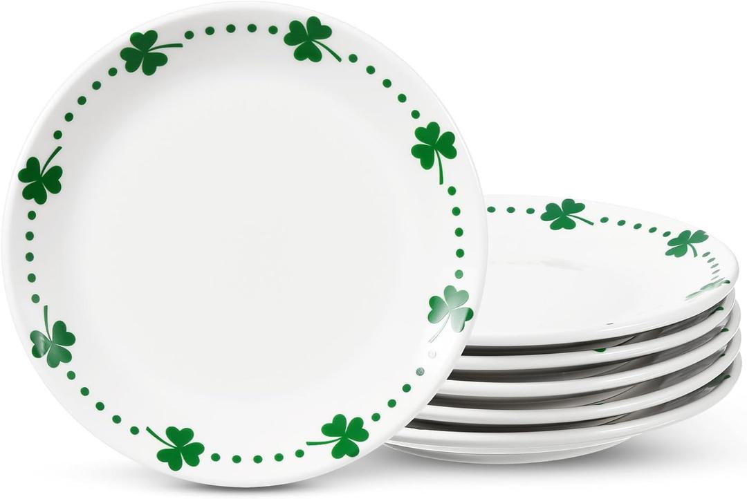 Hushee 6 Pcs St. Patrick's Day Ceramic Shamrock Plates 6 Inch Irish Dessert Platter Serving Plate Clover Leaf Salad Dishes Tableware for St. Patrick's Celebration, Dinner Party, Gift (green, white)
