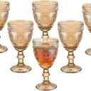 Vintage Glasses Set of 6, 10 Ounces Colored Glass Water Goblets, Unique Flower Embossed Pattern High Clear Stemmed Glassware Wedding Party Bar Glass Drinking Cups Flower Amber Fancy Glasses