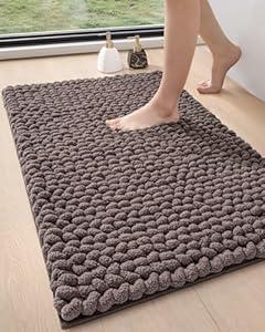 DEXI Bathroom Rugs 17x30, Non Slip Washable Bath Mat, Luxury Chenille Super Absorbent Thick Bathmats for Shower Floor, Plush Fluffy Shaggy Carpet for Tub, Dark Grey