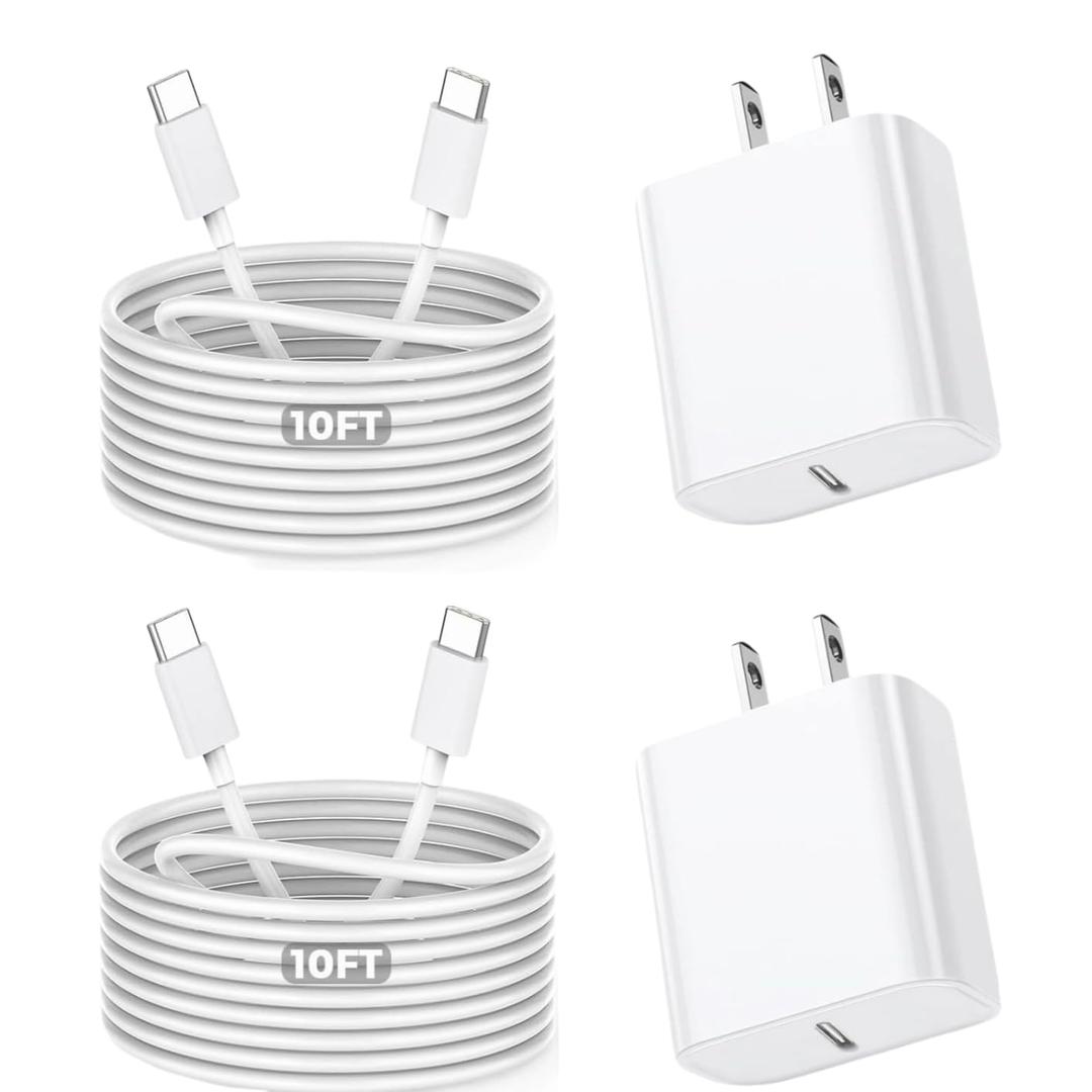 10Foot Fast iPhone Charging Cable,2Pack Super Fast iPhone USB C Wall Charger Block with 10FT USB C-C Charging Cable Type C Apple Adapter for i Phone 17Air/17 Pro/16/16e/16 Pro Max/15/iPad Pro/Air/Mini