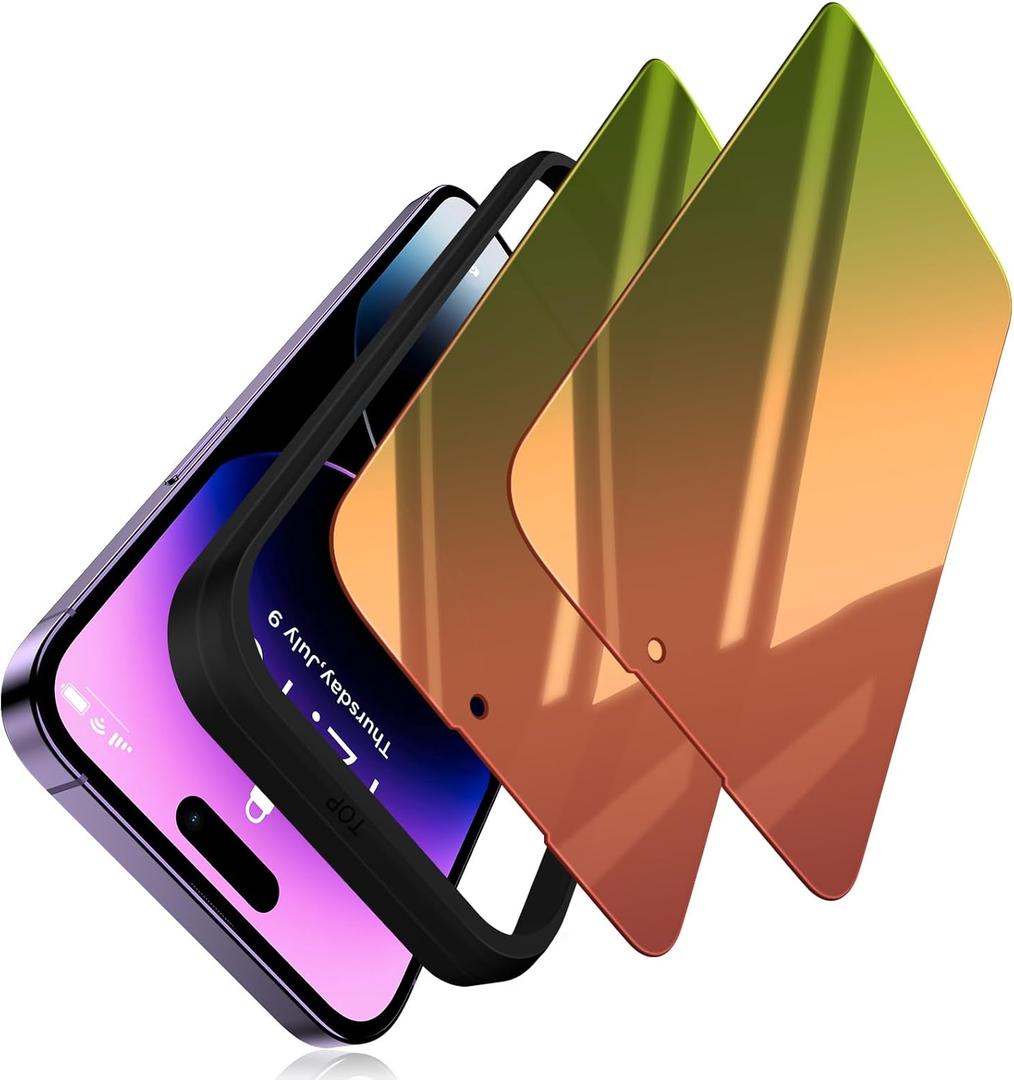 (2 Pack Compatible with iPhone 14 Pro Max Privacy Screen Protector, Mirror 25 Degree Anti Spy Anti-Blue Light Red to Green Gradient with Easy Installation Kit No Air Bubbles