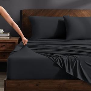 Bare Home Cooling Performance Jersey Knit Stretch Sheet Set, Moisture-Wicking & Breathable, 4-Way Stretch Bed Sheets, Envelope Pillowcases (Queen, Black)