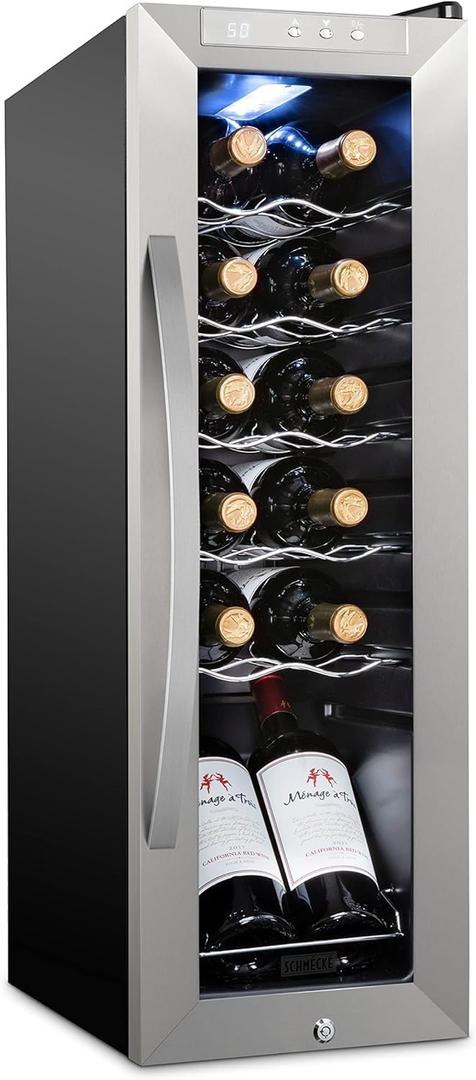 SCHMCK 12 Bottle Compressor Wine Cooler Refrigerator w/Lock - Large Freestanding Wine Cellar For Red, White, Champagne or Sparkling Wine - 41f-64f Digital Temperature Control Fridge Stainless Steel