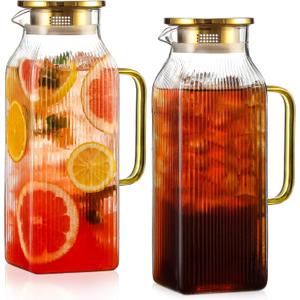 2 Pack 2 Liter/ 68 oz Square Glass Pitcher with Lid, Classic Stripes Water Pitchers with Handle for Fridge, Large Jug for Iced Tea, Coffee, Borosilicate Glass Carafe for Hot/ Cold Brew Drink, Gold