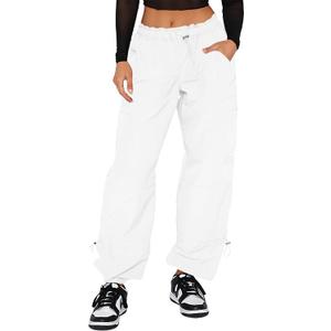 Waitfairy Cargo Pants Women Drawstring Elastic Waist Baggy Parachute Pants Woman Y2K Bottoms with Multiple Pockets White M