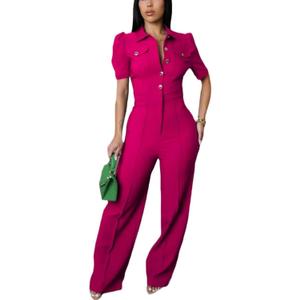 Women's fashionablesexyeleganthigh waistedwide leg pantsclub business party button jumpsuit (Pink, XXL)