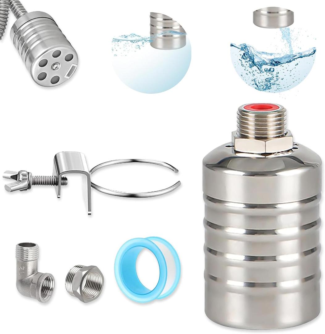 Float Valve，1/2 to 3/4'' 304 Stainless Steel Fully Automatic water shut off valve，Auto Water Level Control for Water Tanks, Fish Ponds, Livestock Troughs, Hydroponics, Pool