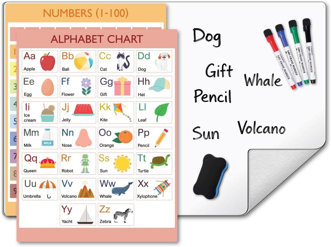 COMIX Magnetic Dry Erase Board, Magnetic Alphabet Chart, 1-100 Number Chart for Kids, 26" x 17" Adhesive White Board with 4 Marker for Kids at Home Student Classroom