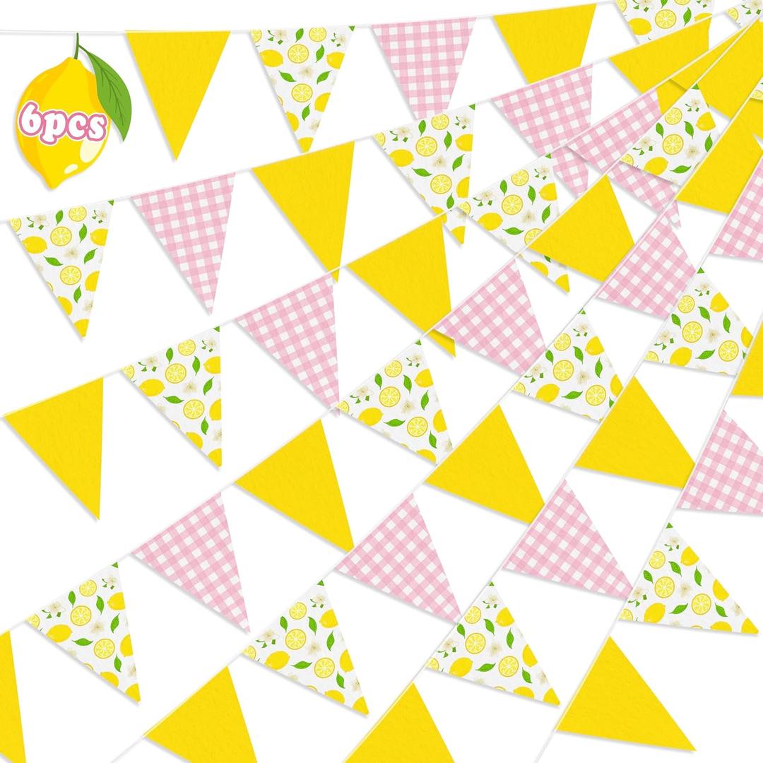6PCS Lemon Party Decorations Pennant Banners Pink and Yellow Triangle Flags Garland Lemonade Stand Supplies Summer Birthday Baby Shower Decor