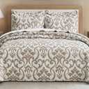Chezmoi Collection Oversized Bedspread 128x106, Jacquard Matelasse Floral Damask Design, 5-Piece Lightweight Reversible Microfiber Bedding Coverlet Set for All Season, Oversized King, Taupe/White