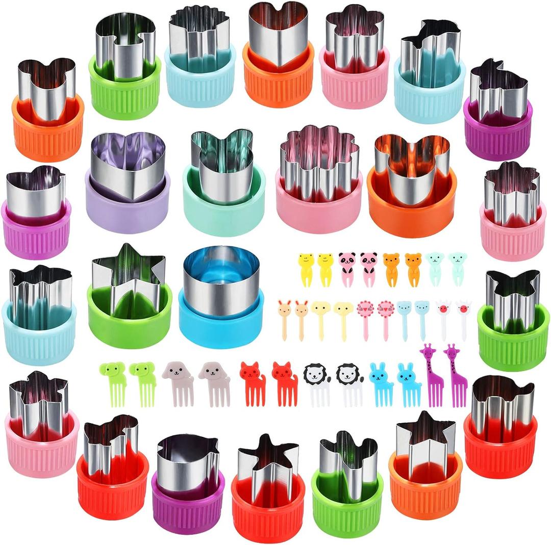 Vegetable Cutter Shapes Set, 24pcs, Mini Cookie Cutters Set Fruit Cookie Pastry Stamps Mold with 30pcs Food Picks and Forks -for Kids Baking and Food Supplement Accessories