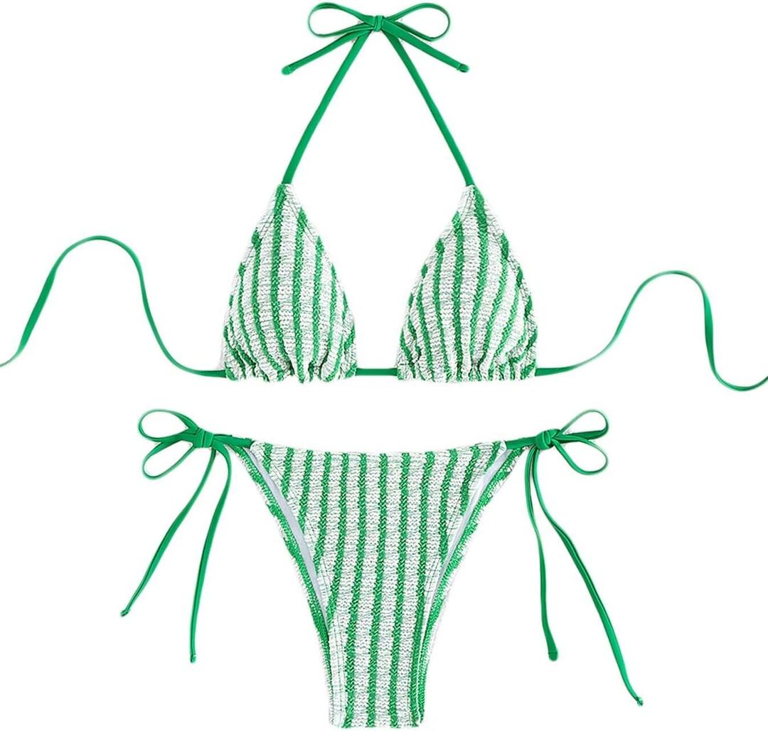 Women's Striped Halter Bathing Suit High Waisted Triangle Colorblock Swimsuit Bikini Set (Green)