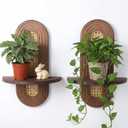 2 Pack Floating Shelves for Wall, Mid-Century Modern Wooden Shelves Boho Rattan Plant with Rattan Accents, Decorative Wall-Mounted Display Shelve for Living Room Bedroom Office - Natural Walnut Finish