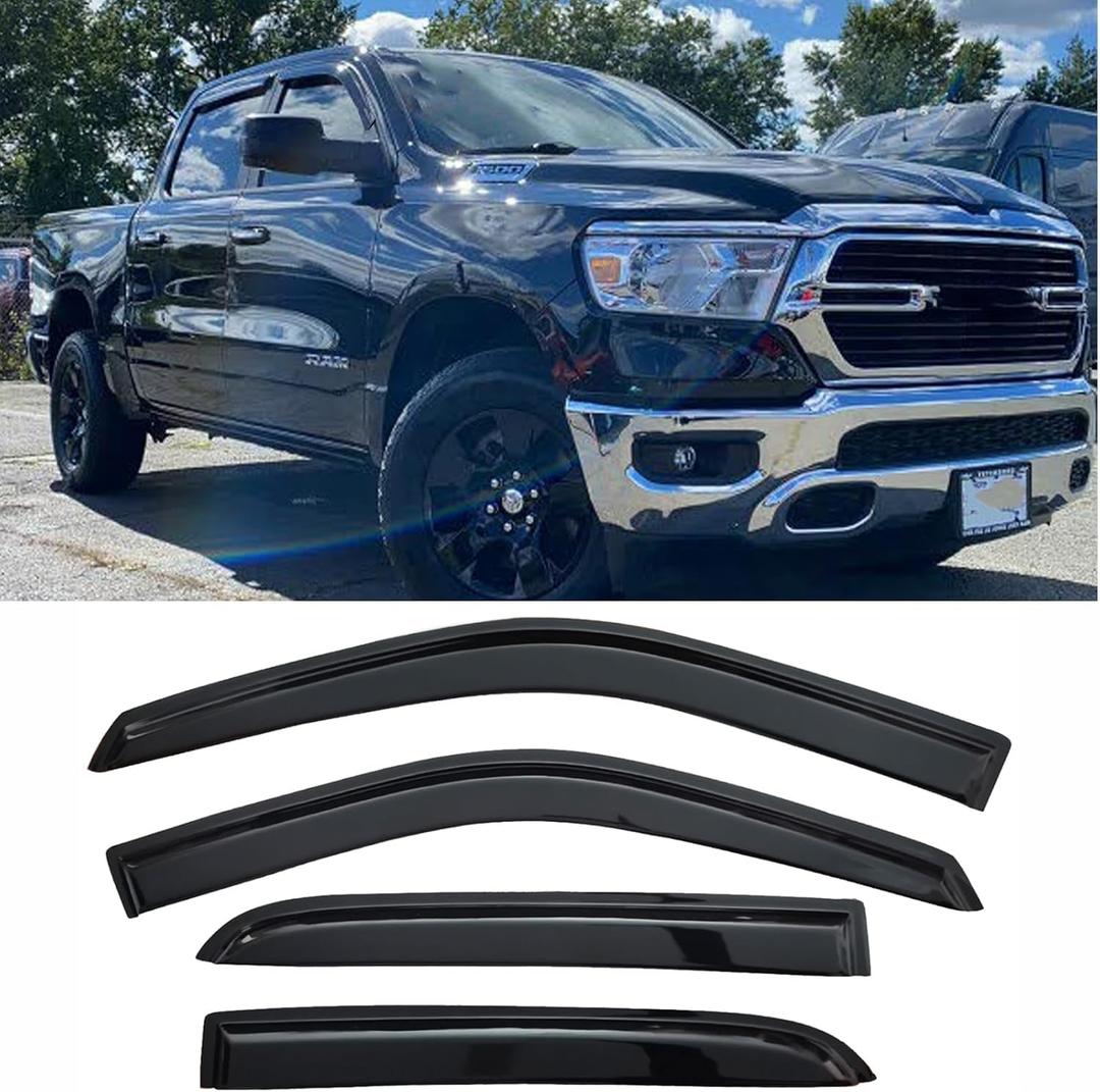 Tape-on Side Car Window Visor Rain Guards Vent Deflectors for 2009-2018 Dodge RAM 1500 2500 3500 Crew Cab Truck Accessories Smoke Tinted 4pcs