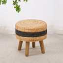 Cpintltr Round Ottoman Natural Seagrass Footstool Hand Weave Water Hyacinth Poufs Eco Friendly Sofa Foot Stool Soft Step Stool Padded Foot Rest with Pine Legs for Living Room (Black)