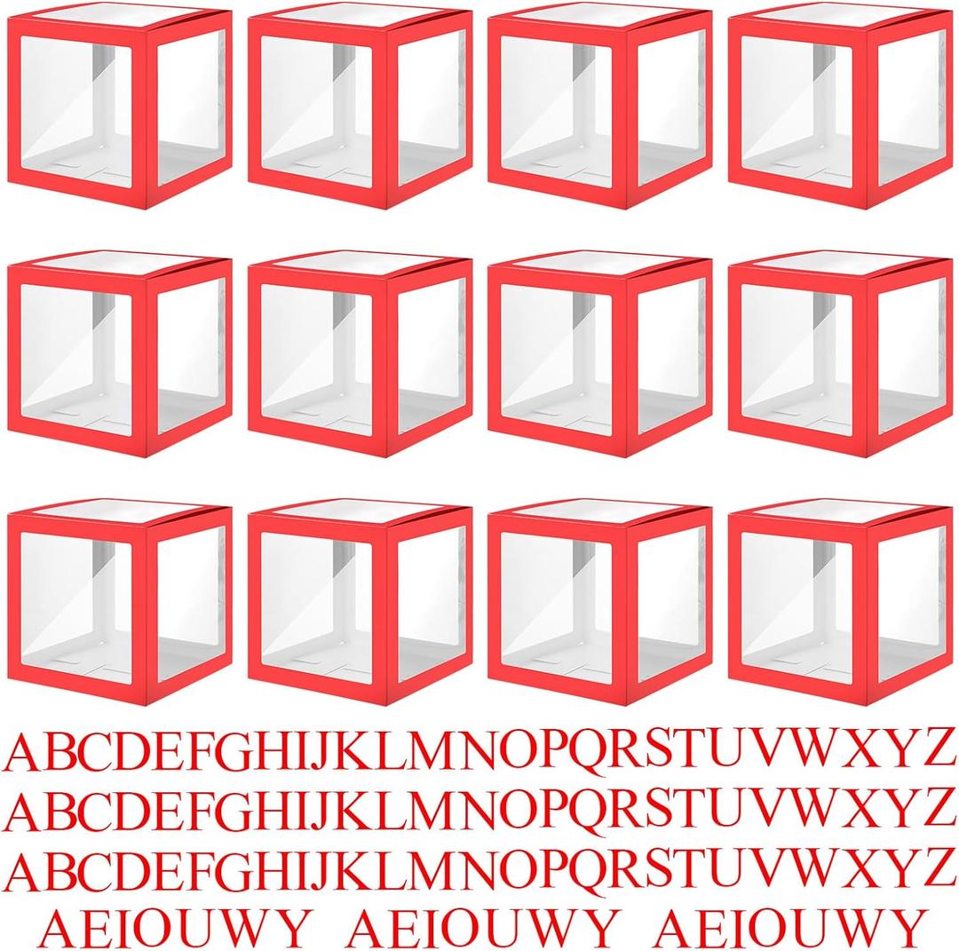 Thyle 12 Pcs Transparent Balloon Boxes Clear Balloon Boxes with 99 Letters for Baby Shower Gender Reveal Grad Birthday Party Bridal Wedding Anniversary Backdrop Decoration (Red)