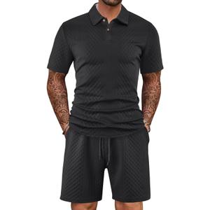 Mens 2 Piece Outfits Polo Shirt and Shorts Set Short Sleeve Tracksuits Casual Athletic Jogging Summer Outfits (Large, Black)