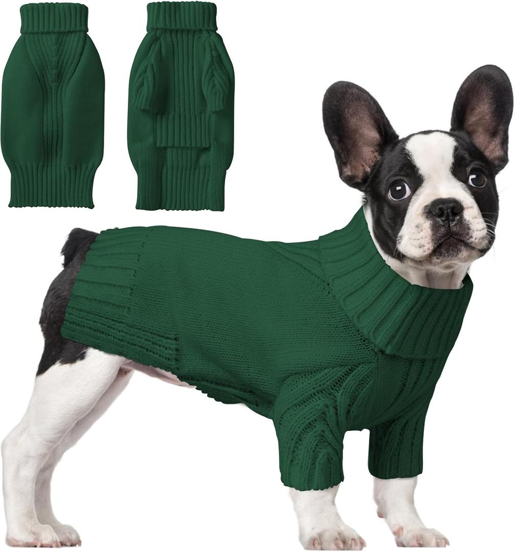 Dog Sweaters for Small Medium Large Dog, Classic Turtleneck Pet Clothes Warm Thermal Doggy Winter Coat, Thick Double Knitting Collar Pullover Cold Weather Puppy Jacket for Indoor & Outdoor Wear (Dark Green)