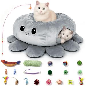 Cat Tunnel Bed for Indoor Cats, Peekaboo Cat Cave Bed with 20 Pcs Cat Toys, Soft Cat Donut Tunnel for Kitten Large Cats, Grey Octopus