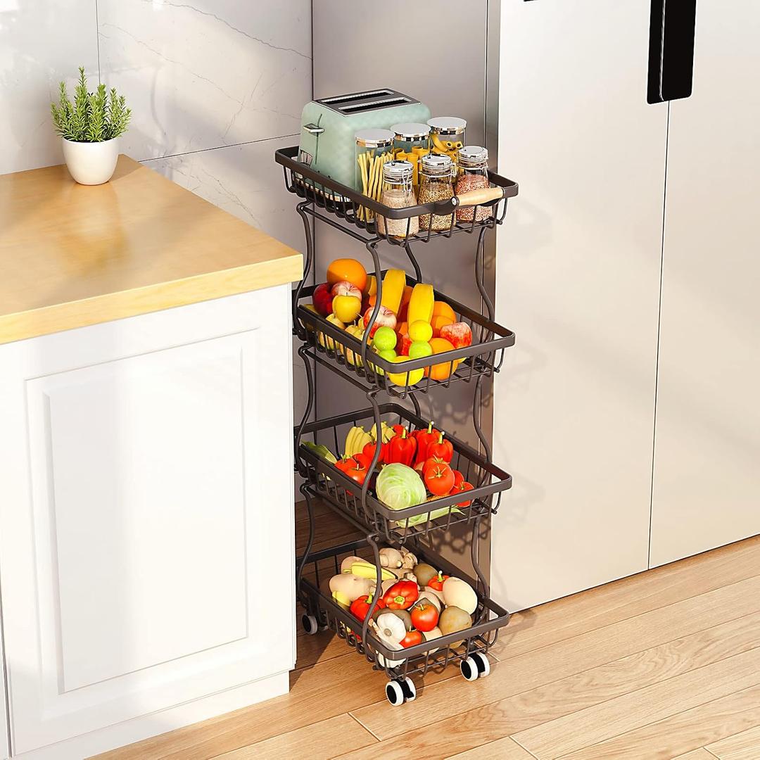 CHLORYARD 4 Tier Slim Fruit Basket for Kitchen, Stackable Metal Wire Fruit Vegetable Storage Baskets Organizer Stand on Wheels, Produce Basket Potato Onion Storage Bins Rack for Pantry. (Black)