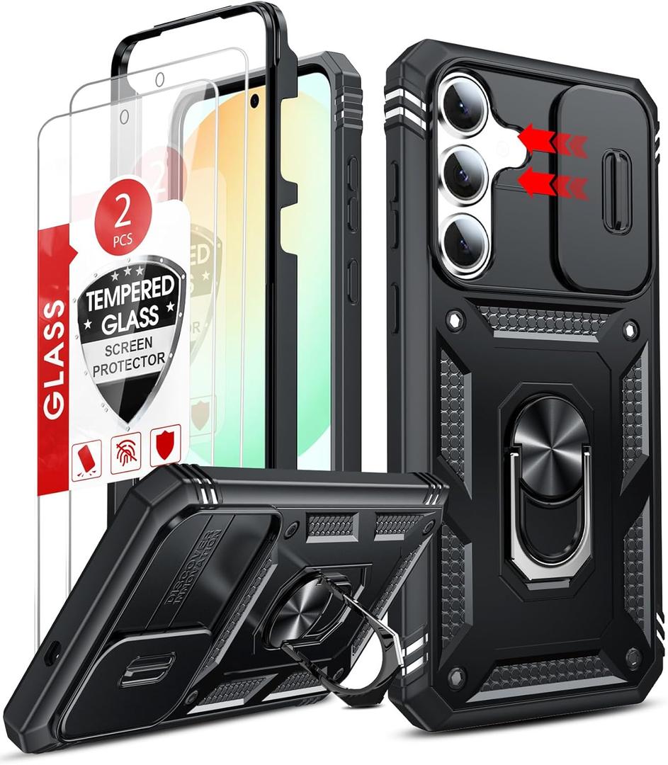 LeYi for Samsung Galaxy S25-FE Case: Samsung S25FE Case with 2 PCS Screen Protector, Slide Camera Cover & Magnetic Stand, Military-Grade Active Outdoor Daily Protection Funda Samsung S 25 FE, Black