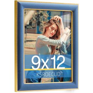 9x12 Velvet Picture Frame, Navy Blue 9x12 Velvet Photo Frame with Vintage Gold Border, 9 by 12 Poster Frame with HD Real Glass Horizontal & Vertical Display for Tabletop and Wall Decor (1 Pack)